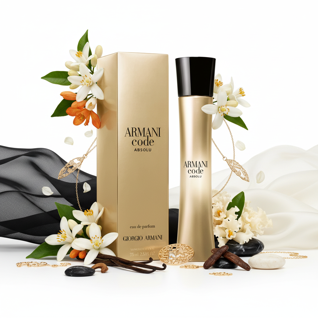 Armani Code Absolu Femme - Con Caja y Elementos en Fondo Blanco
